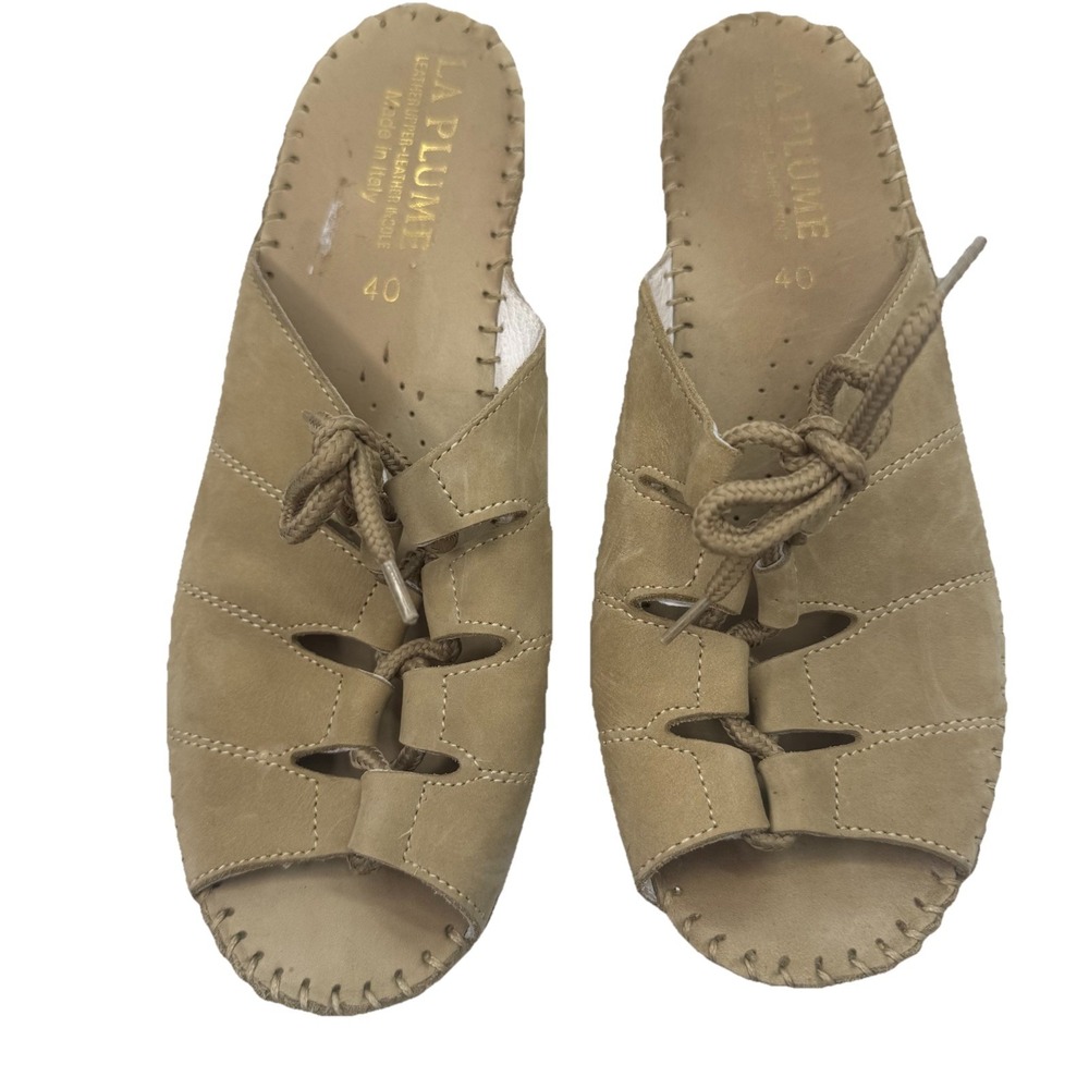 La Plume Italy Womens Sz 40 / 9-9.5‎ Tan Leather Open Toe Wedge Sandals Beach